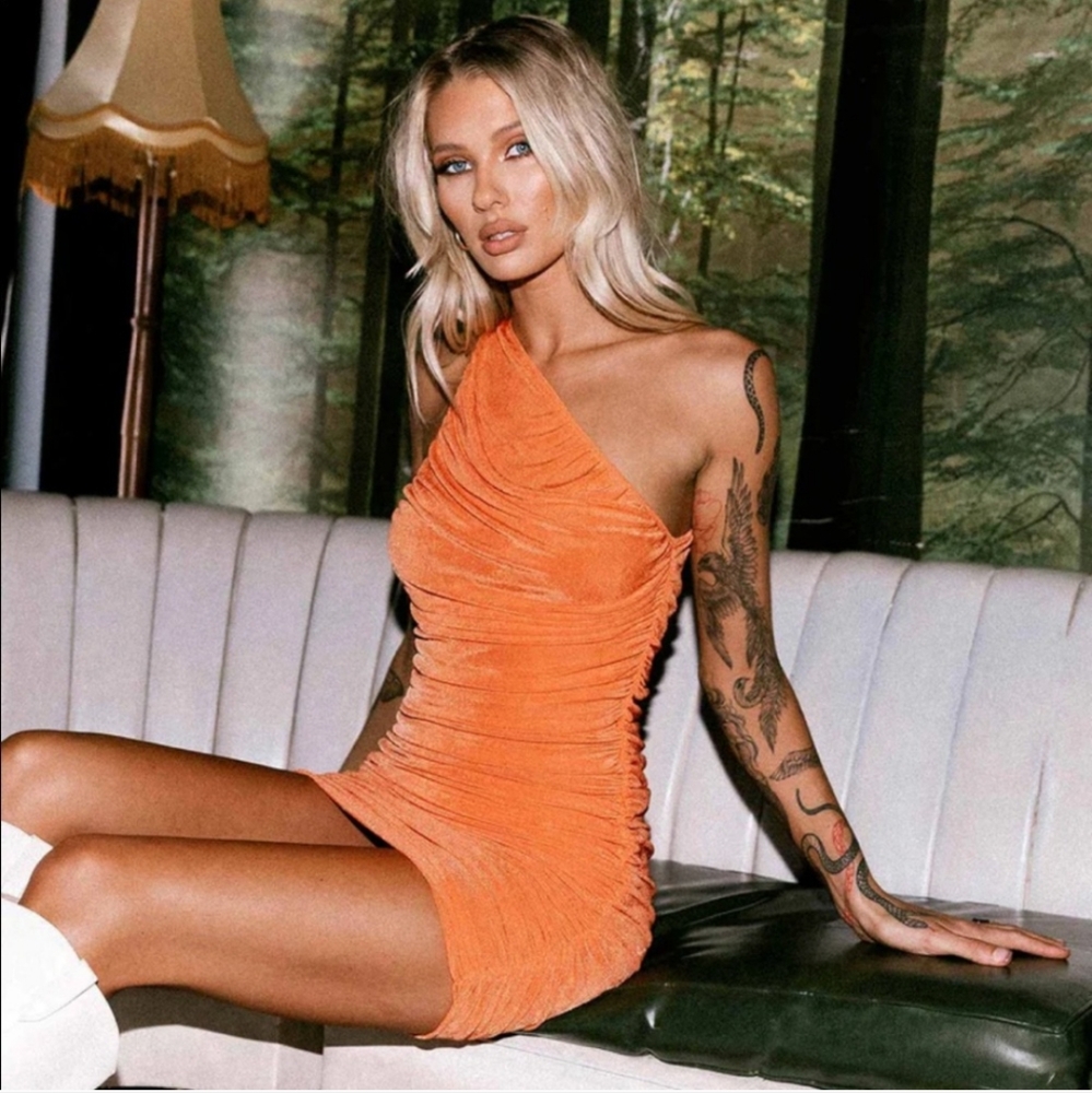 Lioness Goddess One Shoulder Ruched Mini Dress Medium Orange - Picture 15 of 15